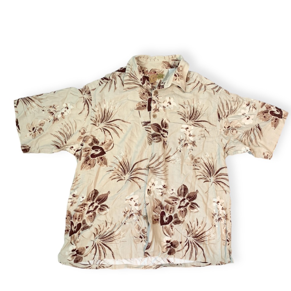 Caribbean 100% Silk Hawaiian Shirt Sz L Trocial Ivory Tan Brown Short Sleeve‎